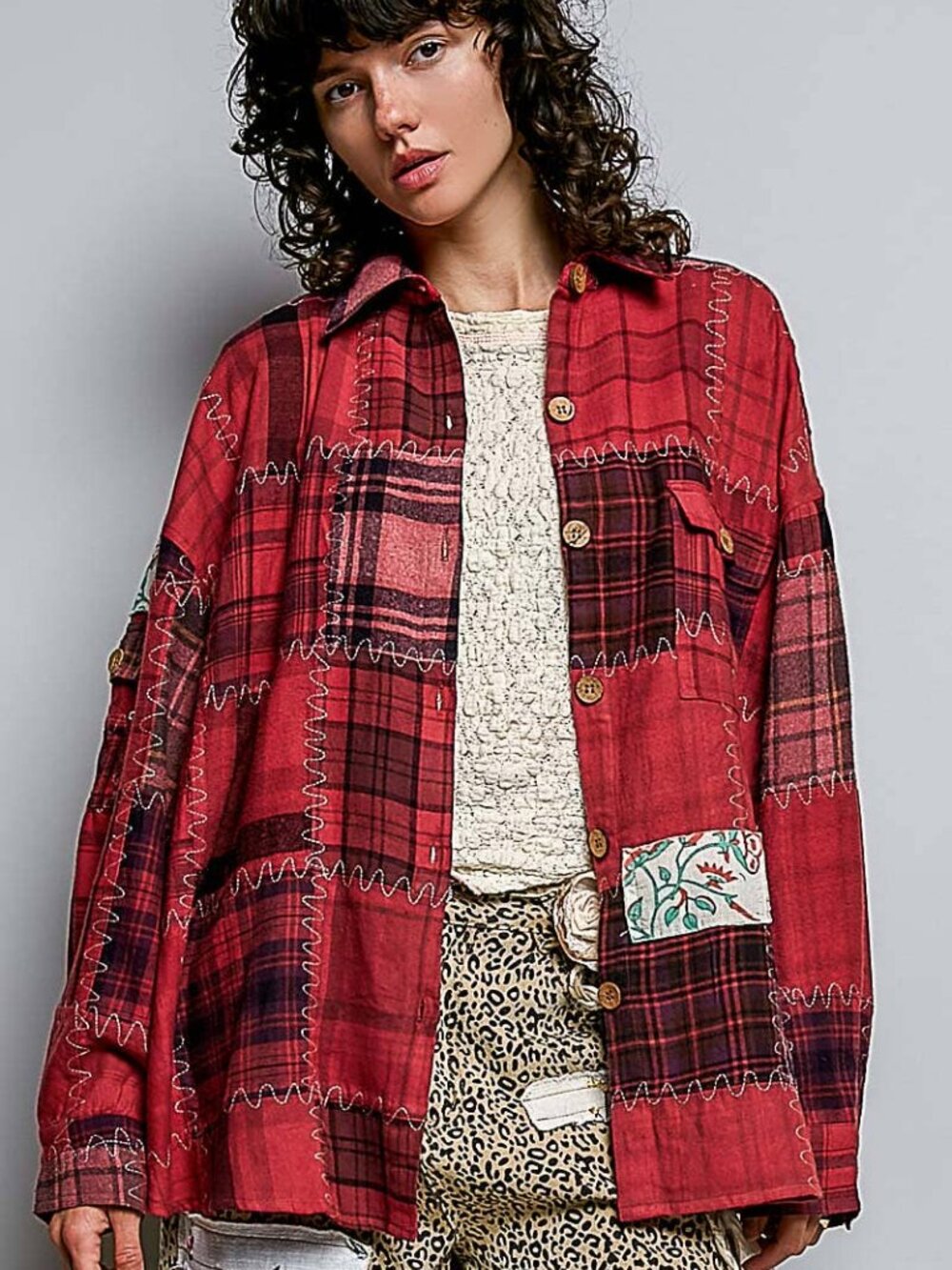 POL NWT Vintage Oversized Red Plaid Patchwork Stitch Button-Down Flannel Shirt